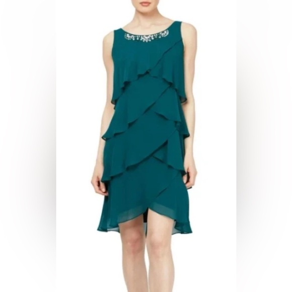 SLNY Fashions Green Tiered Chiffon Cocktail Dress Rhinestones Womens 24W - Picture 1 of 4